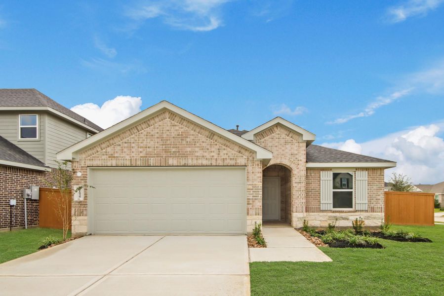 Front exterior of a new home in Cypress Green, Hockley, TX, highlighting curb appeal (Image 1). Front exterior of a new home in Cypress Green, Hockley, TX, highlighting curb appeal (Image 1).