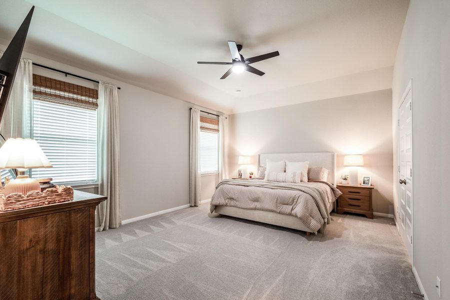 This spacious bedroom features soft neutral tones, plush carpeting, and a ceiling fan. It includes large windows with blinds and curtains, a comfortable bed with bedside tables, and ample lighting, creating a cozy and inviting atmosphere. This spacious bedroom features soft neutral tones, plush carpeting, and a ceiling fan. It includes large windows with blinds and curtains, a comfortable bed with bedside tables, and ample lighting, creating a cozy and inviting atmosphere.