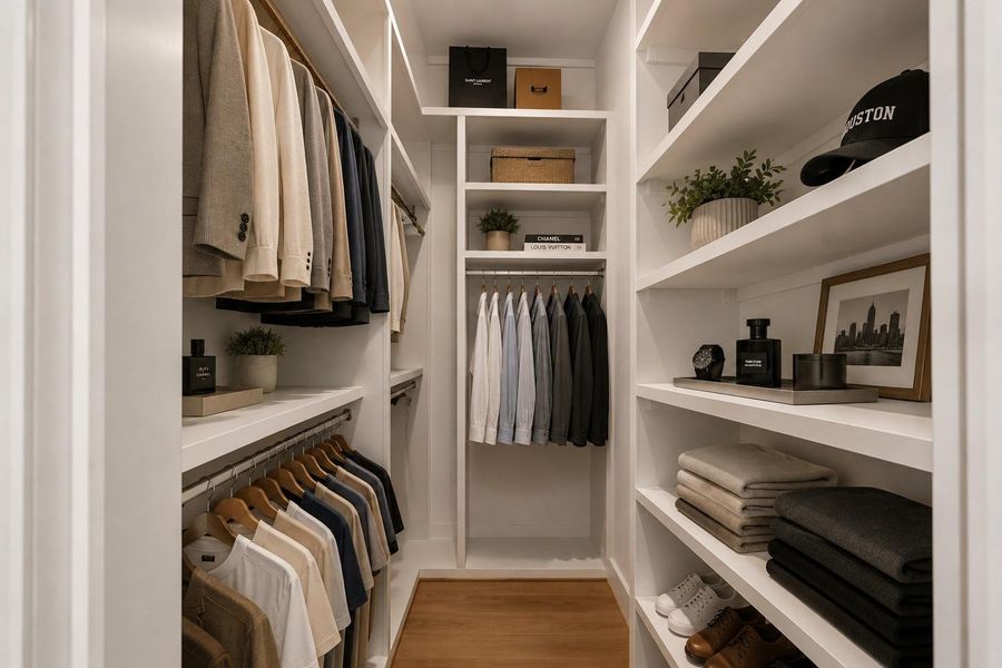 Custom built-in closet and shelving shown with digitally added decor for illustration purposes