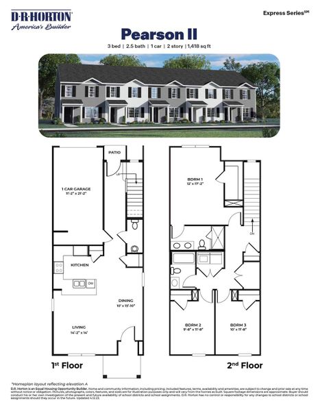 2D floor plan layout for the Pearson ll by D.R. Horton in The Townes at Matthews Landing, Fuquay Varina, NC (Image 3).