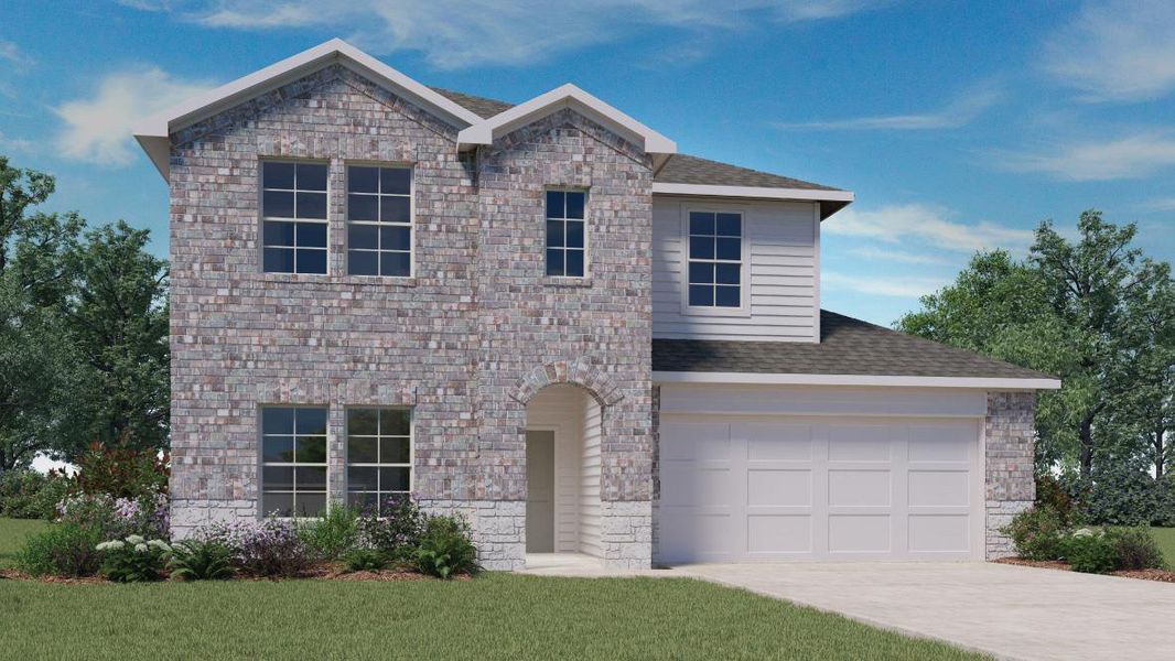 Front exterior of a new home in Rosenbusch Ranch, Leander, TX, highlighting curb appeal (Image 1).