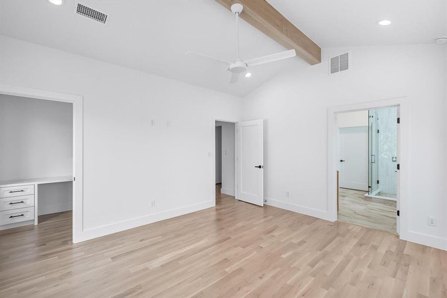 Unfurnished bedroom featuring recessed lighting, light wood-type flooring, and ceiling fan Unfurnished bedroom featuring recessed lighting, light wood-type flooring, and ceiling fan