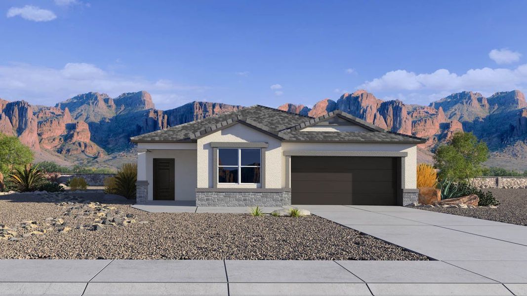 Representative exterior photo of a completed home built from the Camden by D.R. Horton in Entrada Del Oro, Gold Canyon, AZ (Image 12). Representative exterior photo of a completed home built from the Camden by D.R. Horton in Entrada Del Oro, Gold Canyon, AZ (Image 12).