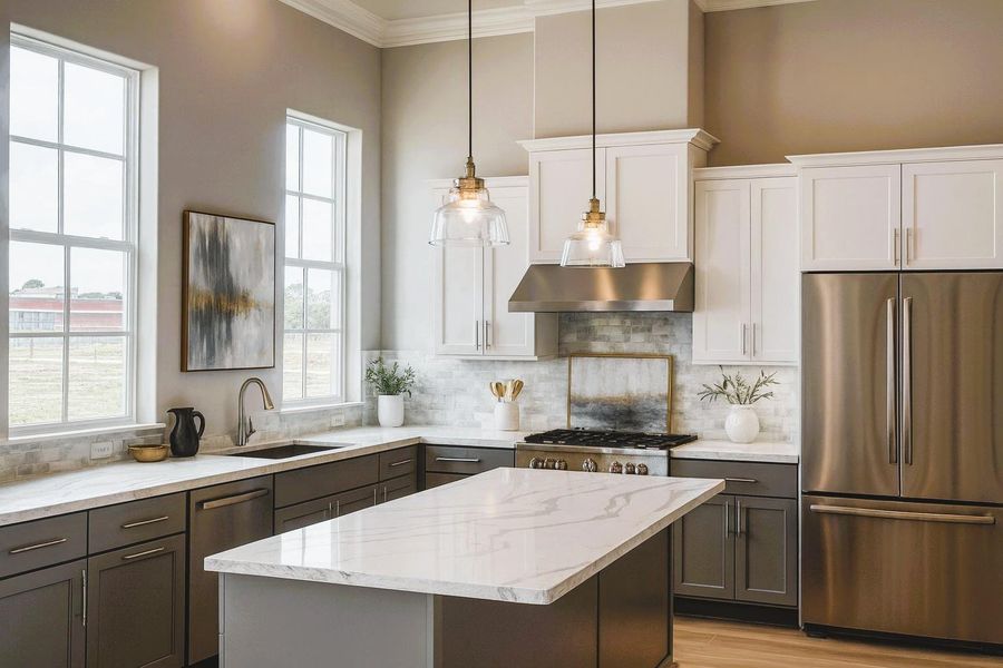 Great Light into this Gorgeous Kitchen w/ Calcutta Quartz Countertops.  Furniture Grade Cabinets that are Dovetailed and Soft Close.  Fisher Paykel Appliances  (picture was virtually staged with decorations and fridge)