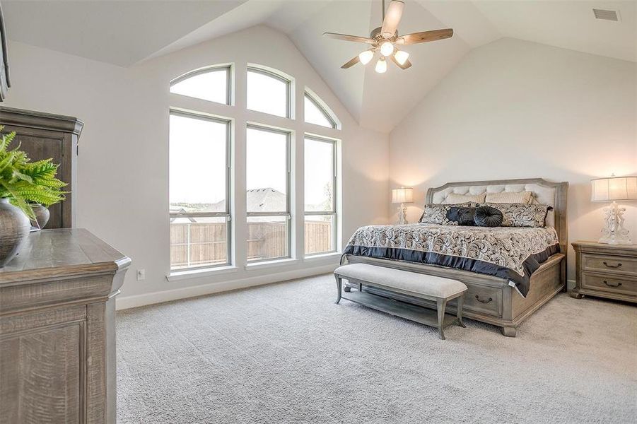 Bedroom featuring carpet floors, vaulted ceiling, multiple windows, and a ceiling fan Bedroom featuring carpet floors, vaulted ceiling, multiple windows, and a ceiling fan