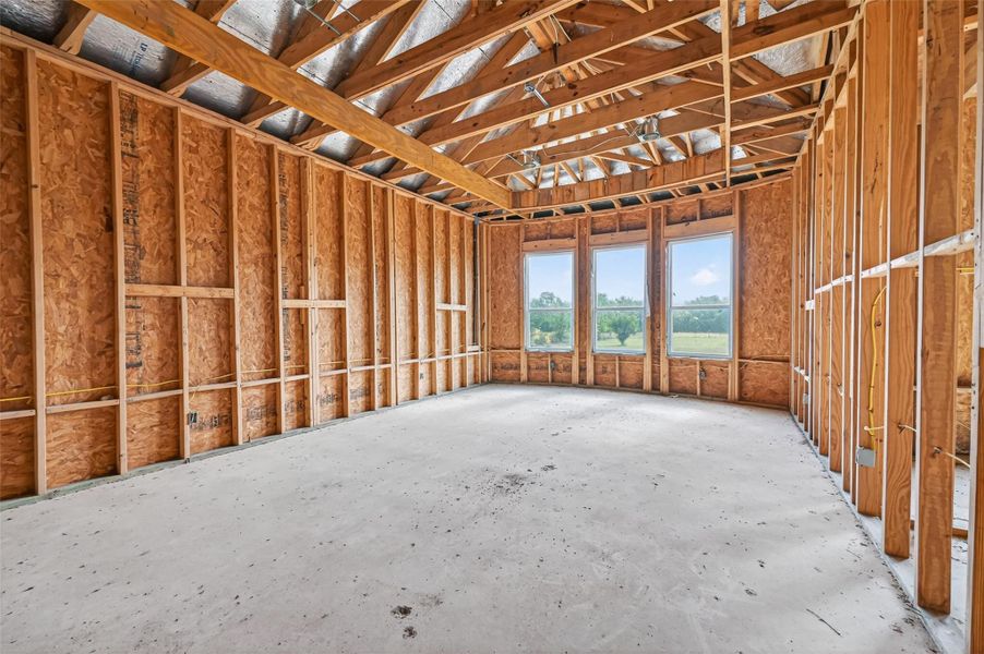 Open unfinished space showcasing framing and build progress.