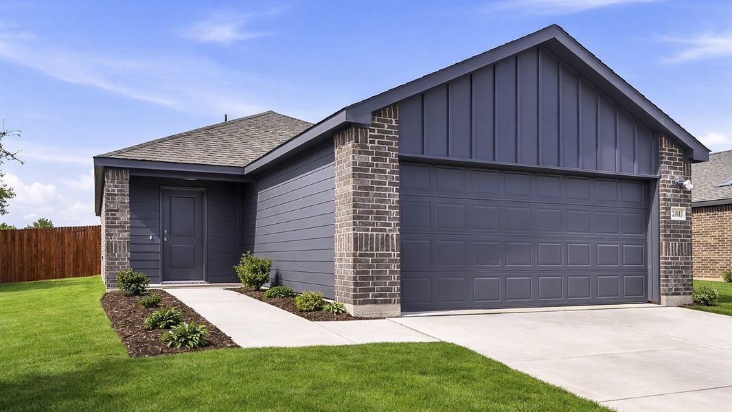 Front exterior of a new home in Leonard Crossing, Leonard, TX, highlighting curb appeal (Image 1). Front exterior of a new home in Leonard Crossing, Leonard, TX, highlighting curb appeal (Image 1).