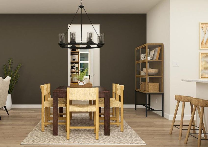 Rendering of the dining room centered
  between the living room and kitchen. The space is furnished with a six-person
  table on a rug, large chandelier and a decorative cabinet.