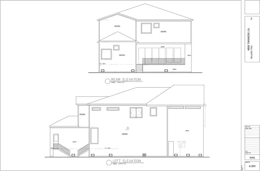 Modern two-story home design with a combination of siding and brick exterior, featuring a spacious rear elevation with large windows and a deck, along with a side entrance and staircase. Modern two-story home design with a combination of siding and brick exterior, featuring a spacious rear elevation with large windows and a deck, along with a side entrance and staircase.