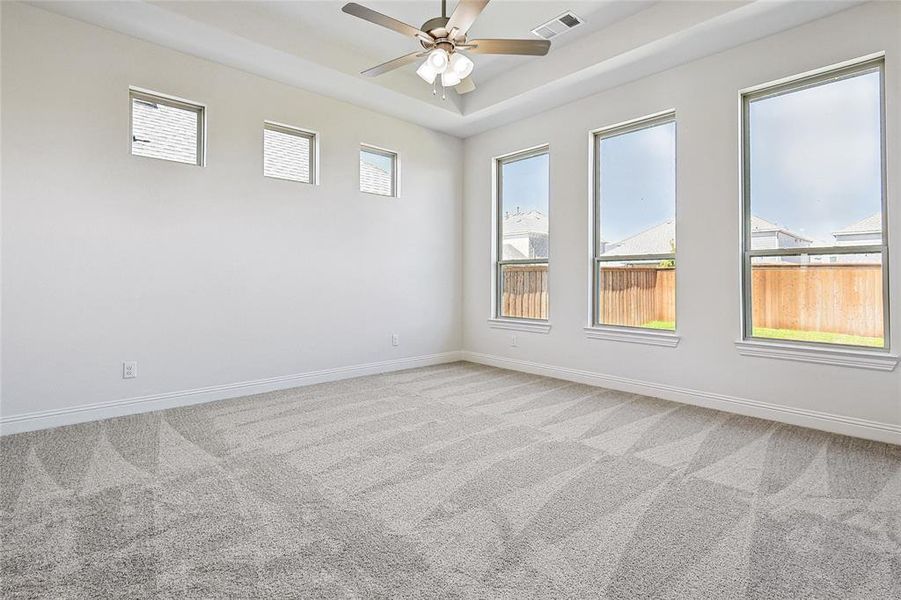 Unfurnished room with ceiling fan, carpet flooring, and a healthy amount of sunlight