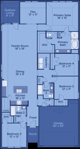 2D floor plan layout for the Rio Grande by UnionMain Homes in Elevon, Lavon, TX (Image 3).