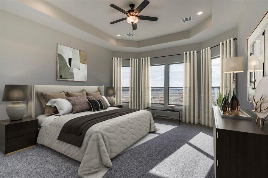 Bedroom with ceiling fan, carpet, and a tray ceiling