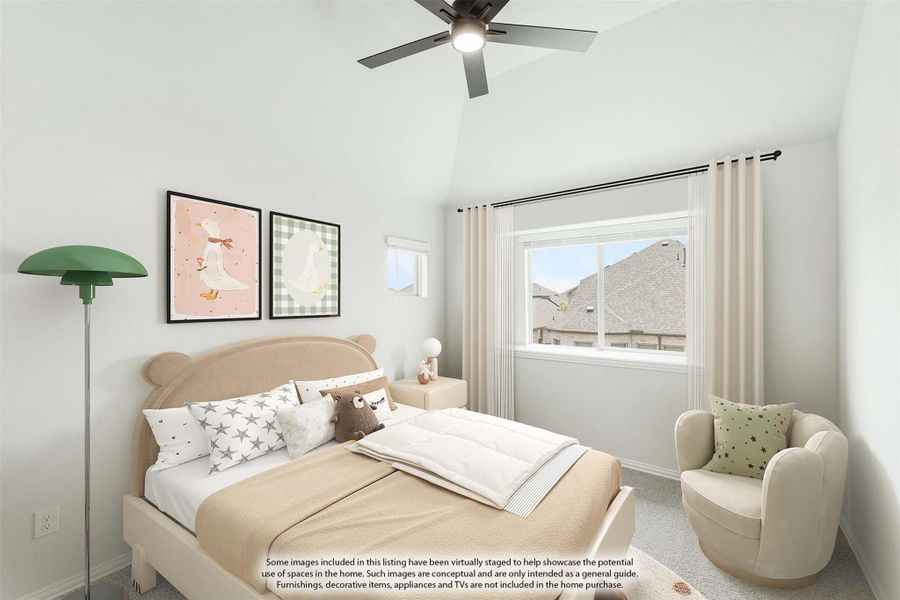 Children's bedroom with vaulted ceiling, ceiling fan, carpet flooring, and two windows with neutral curtains