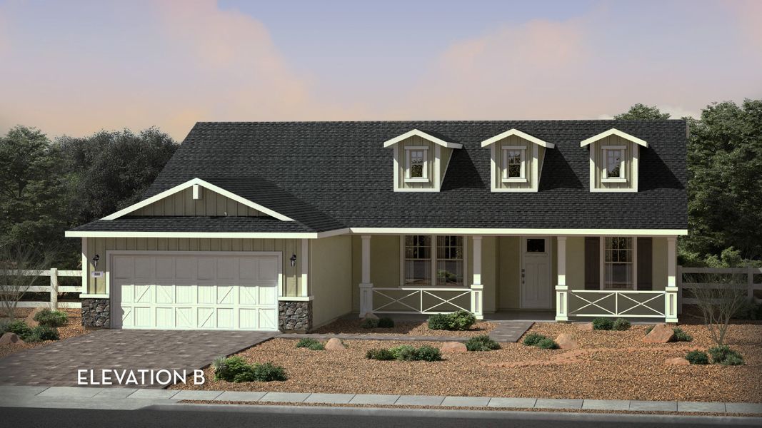 Representative exterior photo of a completed home built from the The Meadow by CastleRock Communities in Heritage Pointe, Chino Valley, AZ (Image 2). Representative exterior photo of a completed home built from the The Meadow by CastleRock Communities in Heritage Pointe, Chino Valley, AZ (Image 2).