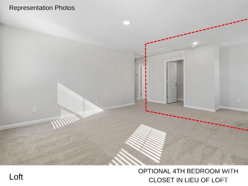 Lines are not precise. This only give you the idea of what the 4th bedroom in lieu of loft looks like. Lines were not drawn for the closet in this illustration.