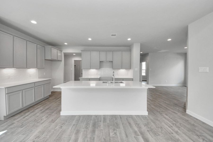 This kitchen is by far any chef’s dream! This spacious kitchen features high ceilings, light stained wood cabinets, granite countertop, SS appliances, modern tile backsplash, recessed lighting, extended counter space, granite kitchen island with double sink, and space for breakfast bar, and a walk-in pantry all overlooking your huge family room. This kitchen is by far any chef’s dream! This spacious kitchen features high ceilings, light stained wood cabinets, granite countertop, SS appliances, modern tile backsplash, recessed lighting, extended counter space, granite kitchen island with double sink, and space for breakfast bar, and a walk-in pantry all overlooking your huge family room.