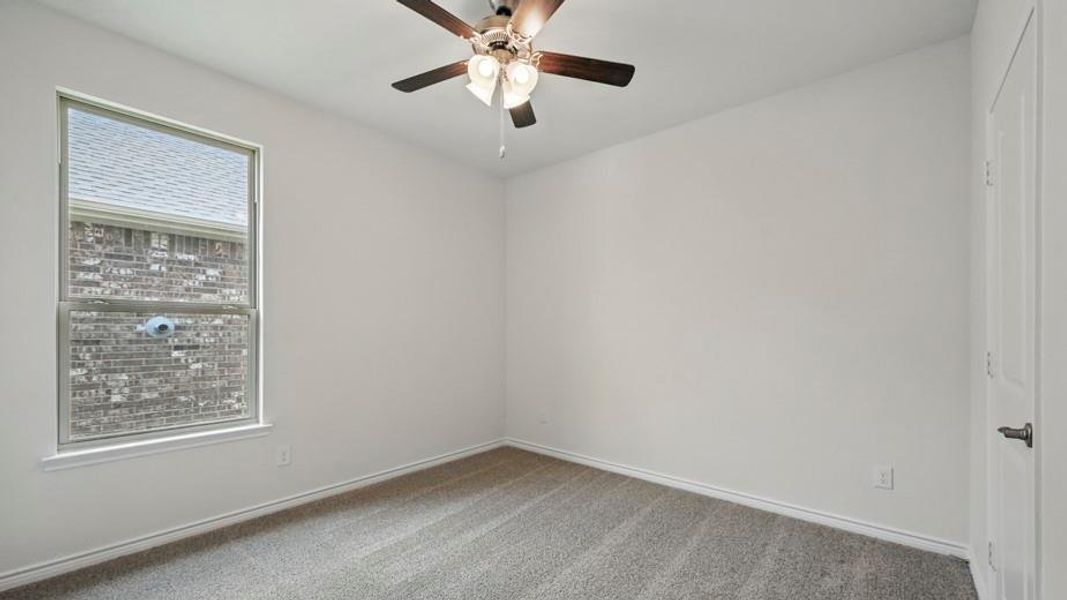 Carpeted room featuring a single window with white trim, a flush-panel interior door with a dark handle, and a ceiling fan with integrated lighting