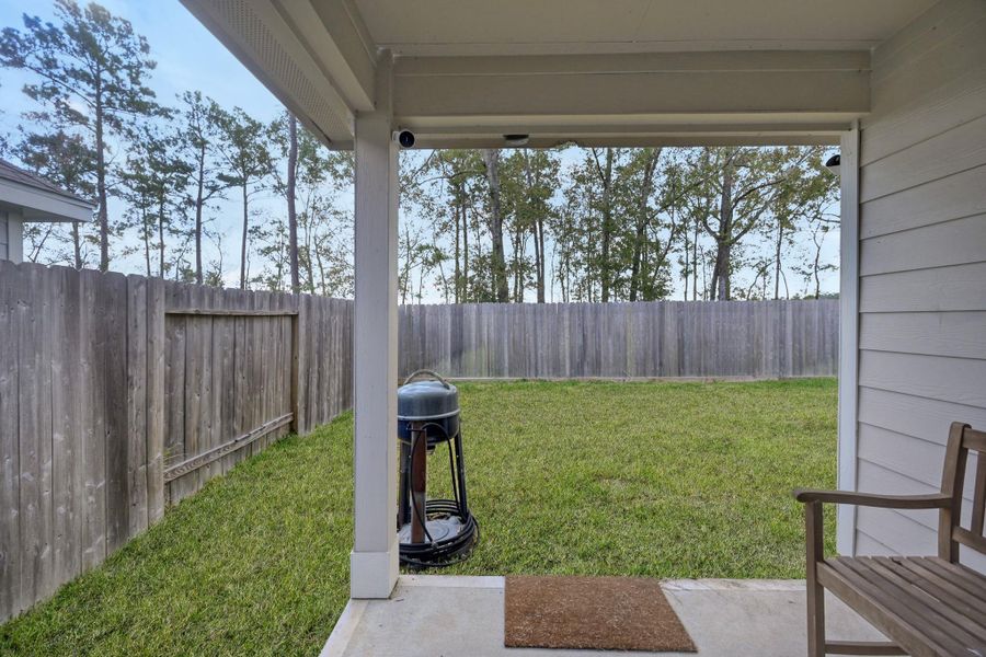 back patio with overlooking a spacious backyard with permanent green area behind it. So no immediate back neighbors!!!