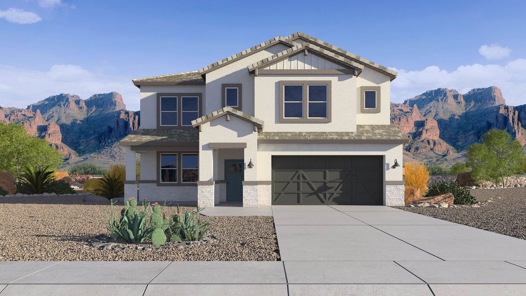 Representative exterior photo of a completed home built from the Phoenician by D.R. Horton in The Ridge at Stone Butte, Phoenix, AZ (Image 17). Representative exterior photo of a completed home built from the Phoenician by D.R. Horton in The Ridge at Stone Butte, Phoenix, AZ (Image 17).