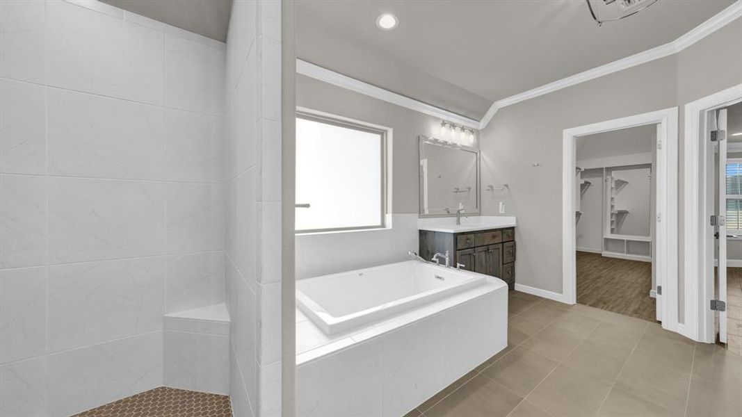 Primary Bathroom with vanity, a healthy amount of sunlight, ornamental molding, and hardwood / wood-style flooring