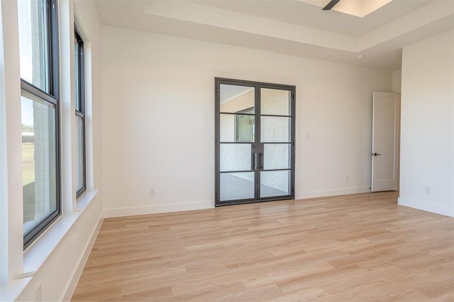 Spare room with light hardwood / wood-style floors and a tray ceiling