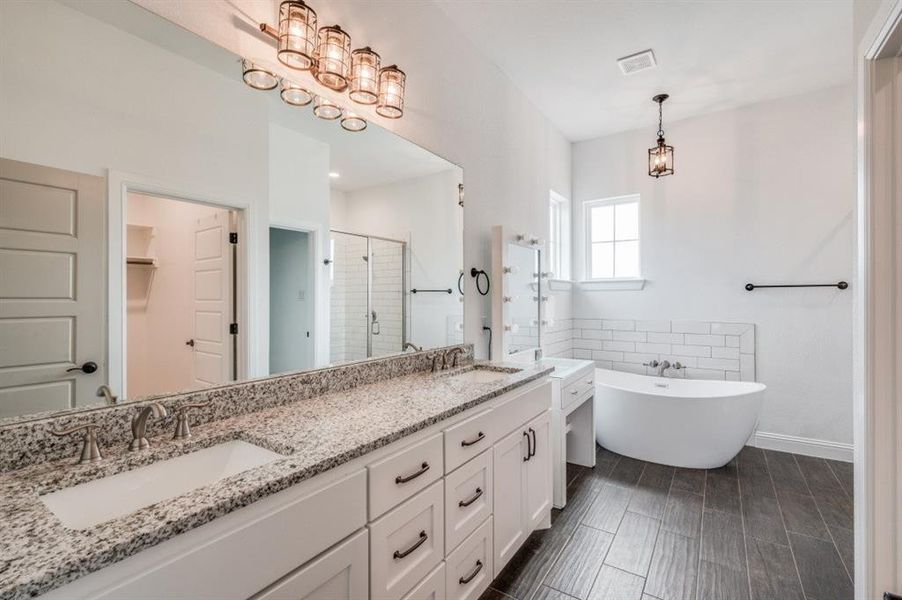 Bathroom with vanity and independent shower and bath