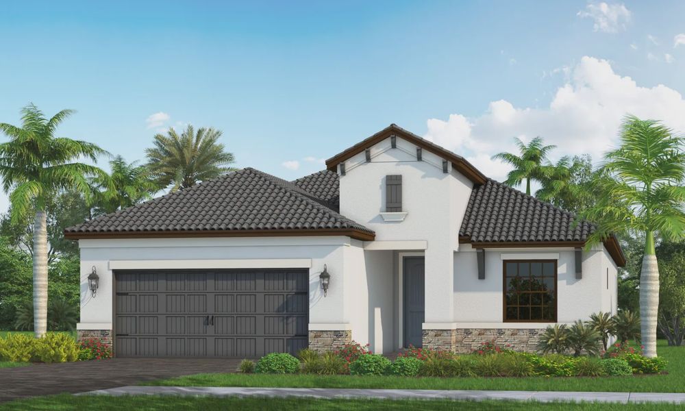 Front exterior of a new home in Boca Royale Golf and Country Club at Wellen Park, Englewood, FL, highlighting curb appeal (Image 1). Front exterior of a new home in Boca Royale Golf and Country Club at Wellen Park, Englewood, FL, highlighting curb appeal (Image 1).