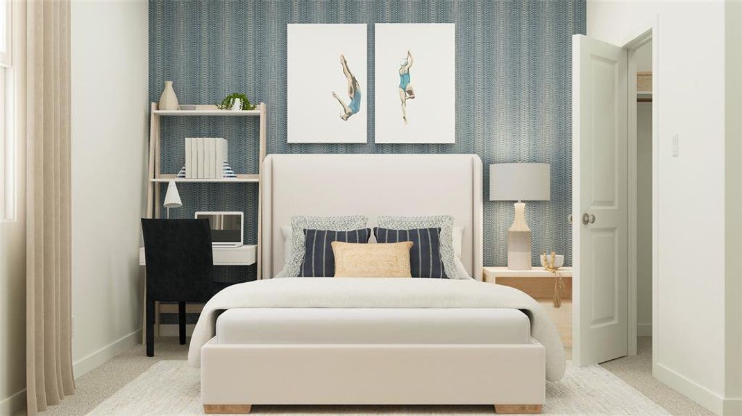 Bedroom with carpet and wallpapered walls Bedroom with carpet and wallpapered walls