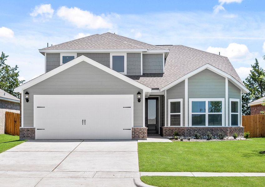 The two-story Cypress floor plan is a beautiful siding home with brick accents.