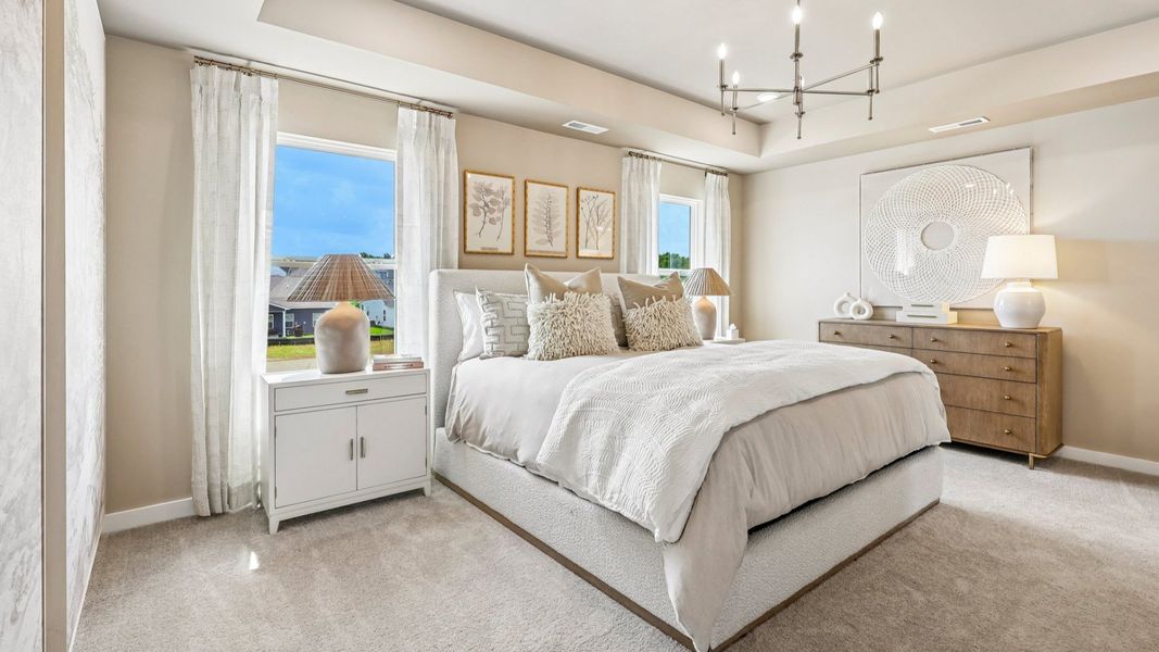 Primary suite with tray ceiling, windows, and carpet Primary suite with tray ceiling, windows, and carpet