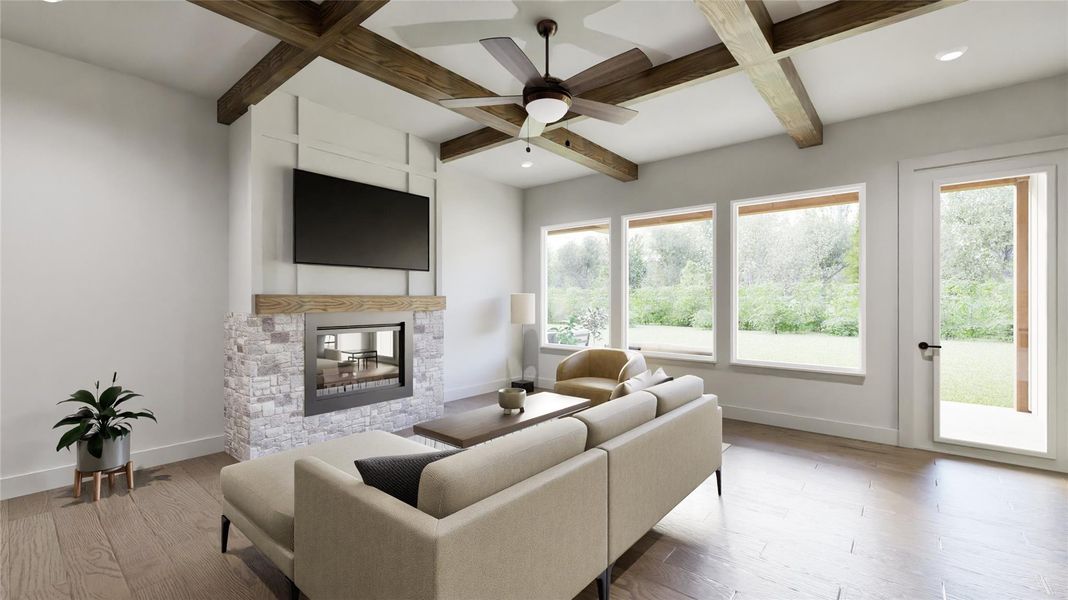 The living room features beautiful wood beams on the celing and a stone fire place with a mantel.