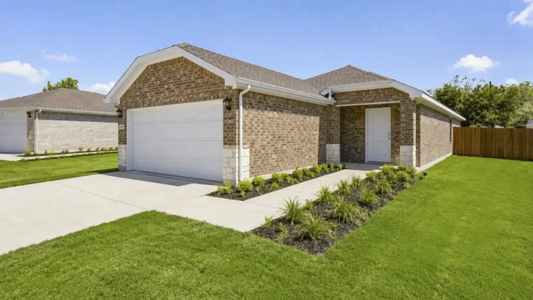 Front exterior of a new home in Asher Oaks, Bonham, TX, highlighting curb appeal (Image 1). Front exterior of a new home in Asher Oaks, Bonham, TX, highlighting curb appeal (Image 1).