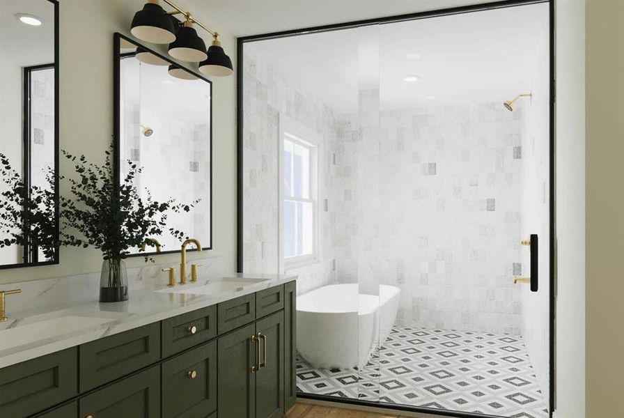 Bathroom featuring double vanity, a freestanding bath, a shower stall, recessed lighting, and tile walls
