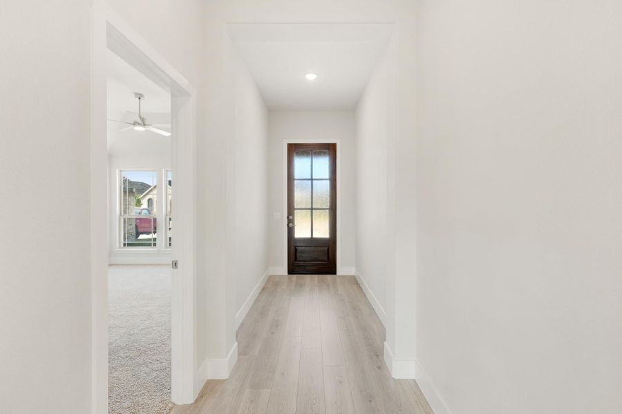 Hallway with light wood floors, white walls, and dark wood front door with glass panels Hallway with light wood floors, white walls, and dark wood front door with glass panels