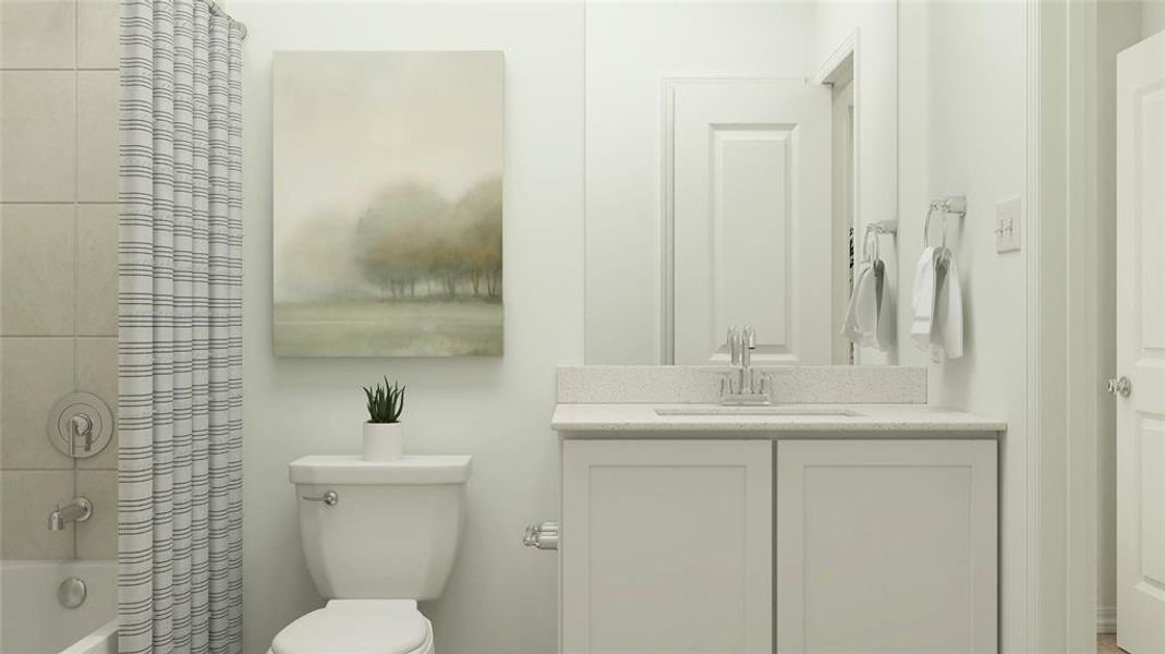 Full bathroom with vanity, toilet, and shower / tub combo with curtain