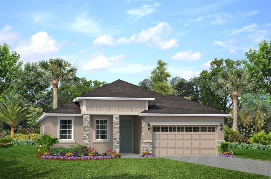 Front exterior of a new home in Marisol Pointe at MiraBay Florida Series, Apollo Beach, FL, highlighting curb appeal (Image 1).