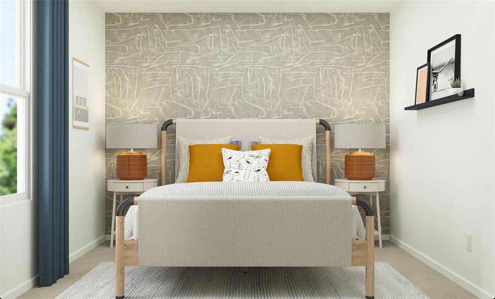 Bedroom with wallpapered walls, carpet, an accent wall, and baseboards