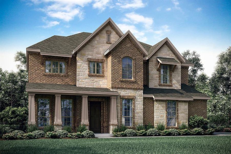 Front exterior of a new home in Hayes Crossing - Phase 2, Midlothian, TX, highlighting curb appeal (Image 1).