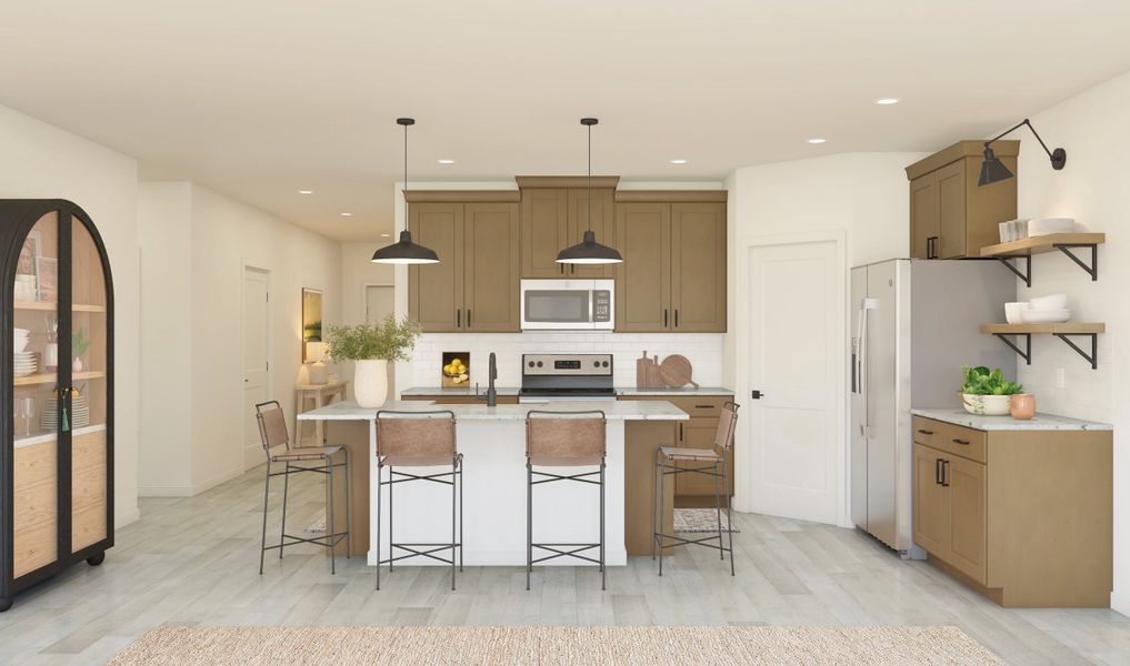 Kitchen with pendant lights & floating shelves