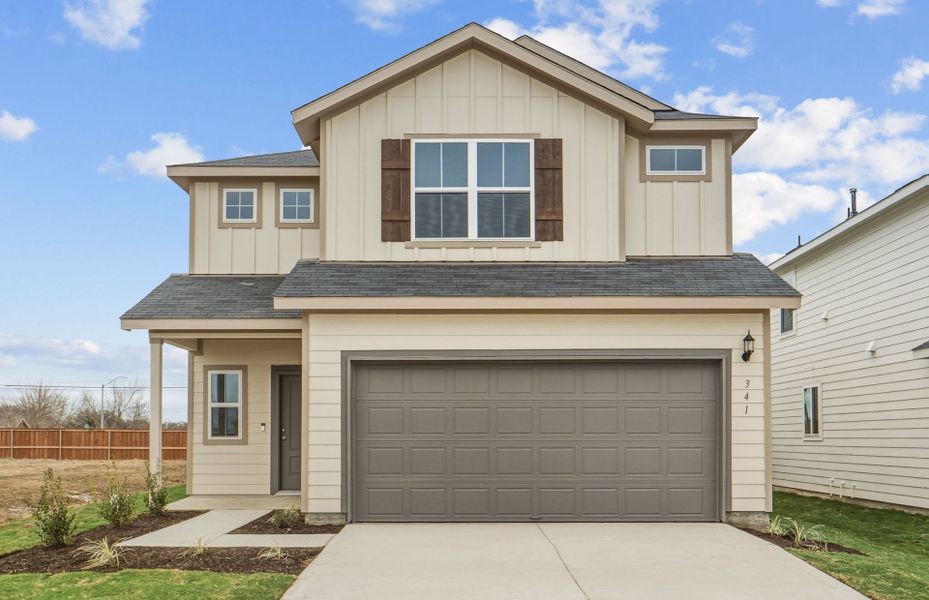 Front exterior of a new home in Larson Crossing, Elgin, TX, highlighting curb appeal (Image 18).