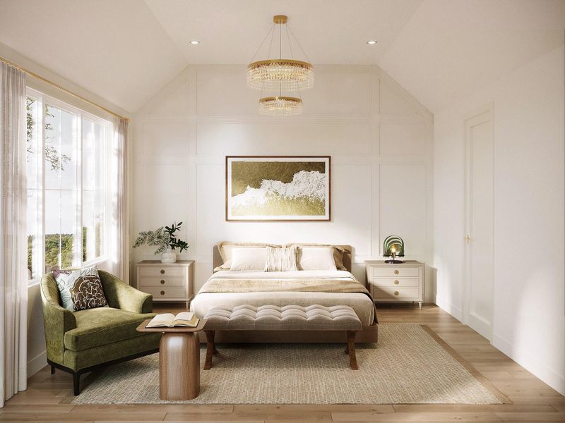 The primary bedroom is a refined private retreat, highlighted by vaulted ceilings, elegant wall panel detailing, and an abundance of natural light from oversized windows. Wide-plank flooring and a soft, neutral palette create a calming, sophisticated atmosphere, while layered lighting adds warmth and dimension. Thoughtfully proportioned and serene, this space is designed for comfort and quiet luxury, setting the tone for the spa-inspired bath and expansive custom closet beyond.