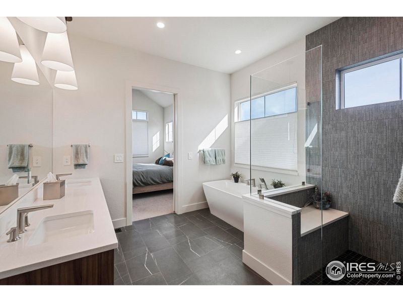 Primary bath with dual sinks, oversized shower and large soaking tub Primary bath with dual sinks, oversized shower and large soaking tub