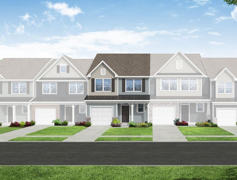 Front exterior of a new home in Bellevue Townhomes, Greenville, SC, highlighting curb appeal (Image 1). Front exterior of a new home in Bellevue Townhomes, Greenville, SC, highlighting curb appeal (Image 1).