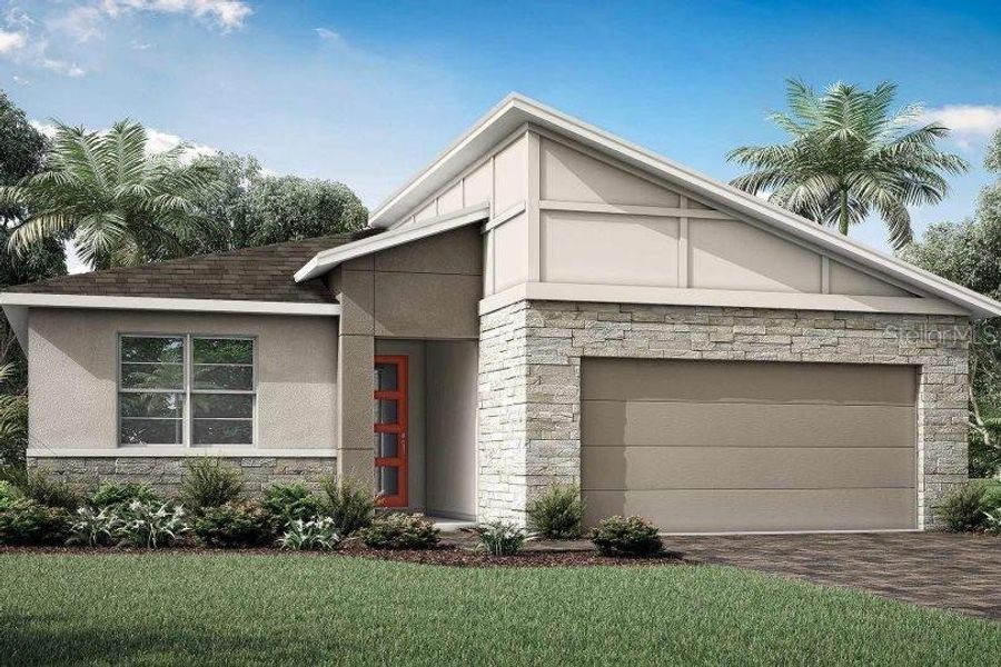 Front exterior of a new home in Windwater, Parrish, FL, highlighting curb appeal (Image 1).