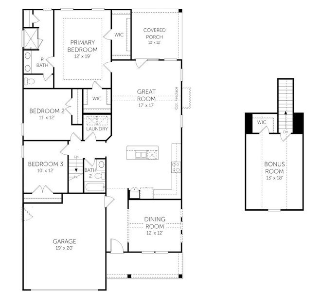 2D floor plan layout for the Woodbridge + Bonus Room - Single Family Homes by Dream Finders Homes in Tidewater at Lakes of Cane Bay, Summerville, SC (Image 5).