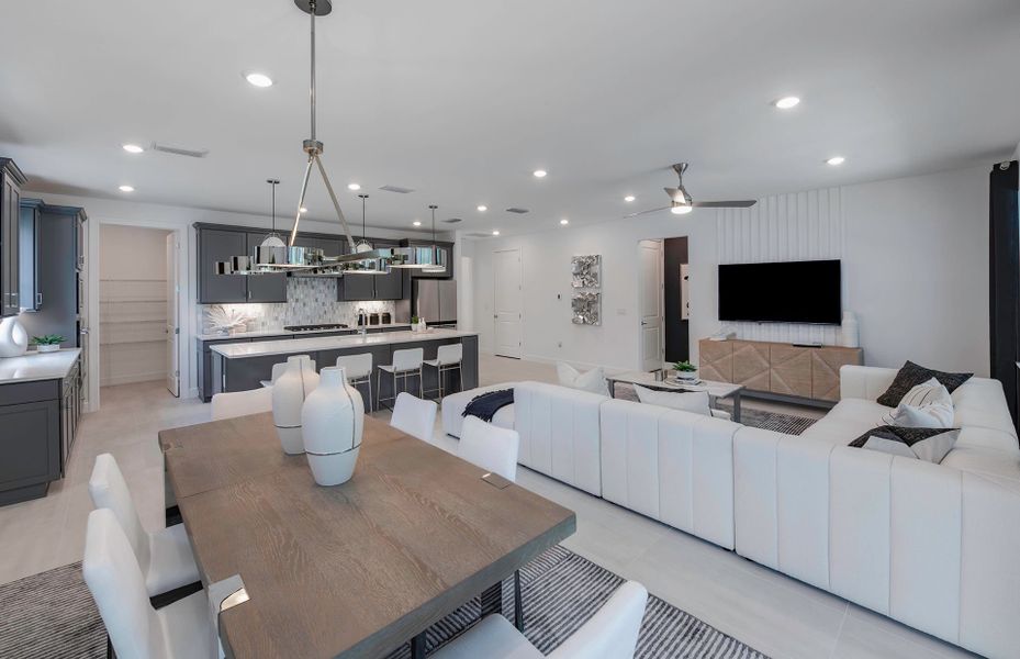 Connected kitchen, gathering room, and café