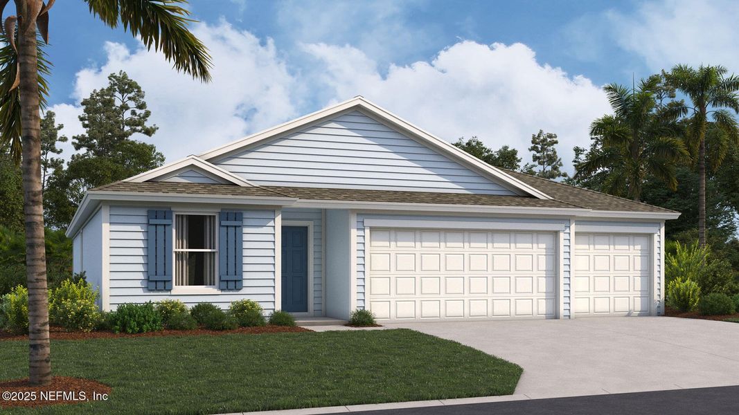 Front exterior of a new home in Sawmill Branch, Palm Coast, FL, highlighting curb appeal (Image 1). Front exterior of a new home in Sawmill Branch, Palm Coast, FL, highlighting curb appeal (Image 1).