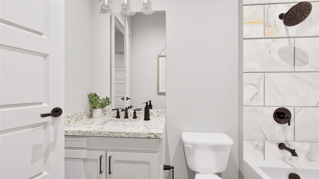 The secondary bathrooms feature vanities with granite countertops and shower/tub combinations with tile detail.