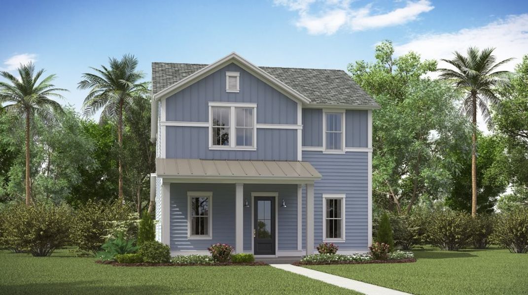 Front exterior of a new home in Carnes Crossroads: Row Collection, Summerville, SC, highlighting curb appeal (Image 1). Front exterior of a new home in Carnes Crossroads: Row Collection, Summerville, SC, highlighting curb appeal (Image 1).