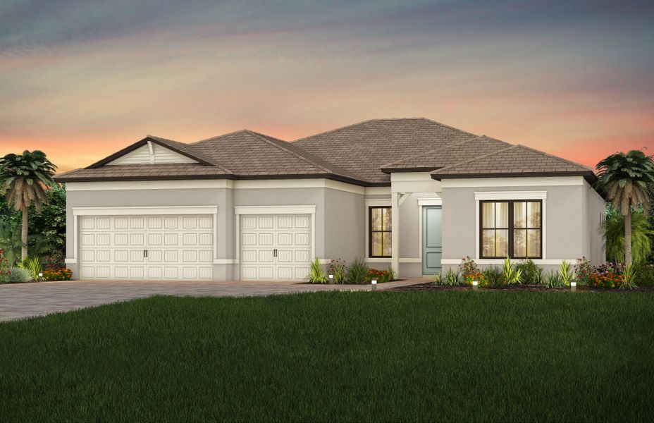 Front exterior of a new home in Talon Preserve on Palmer Ranch, Nokomis, FL, highlighting curb appeal (Image 26).